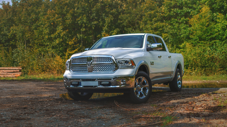 Egy Forrest ösvényen parkoló fehér Ram 1500 Ecodiesel első 3/4 lövés.
